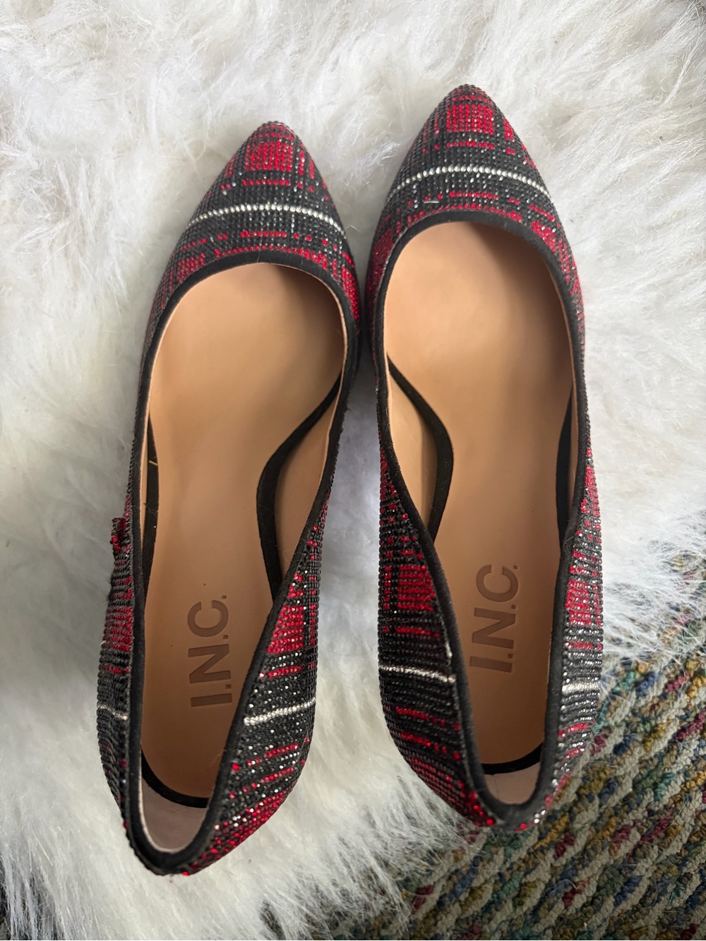 INC International Concepts Red and Black Plaid Pointed-Toe Flats